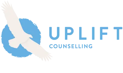 Logo for Uplift Counselling, featuring a stylised white bird in flight against a blue circular background, with the text 'Uplift Counselling' in blue and light gray.